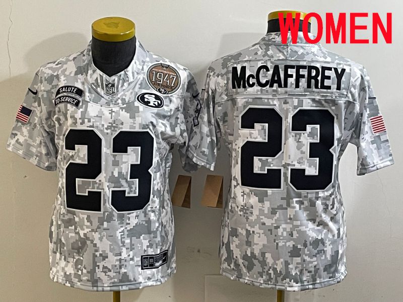 Women San Francisco 49ers #23 Mccaffrey Nike Arctic Camo 2025 Salute to Service Limited NFL Jersey style 2